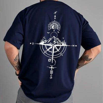 Camiseta Hombre Verano 100% Algodón | Casual Deportivo Oversized | Estampado Brújula Retro Manga Corta Cuello Redondo