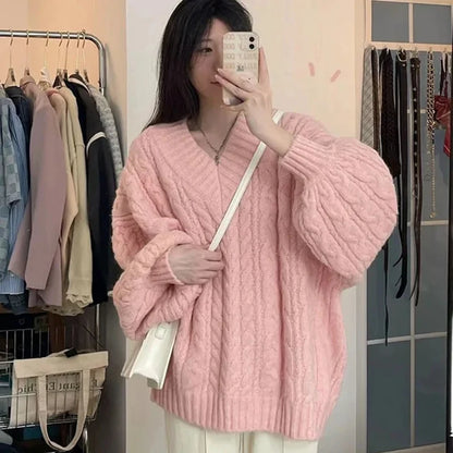 Suéter Oversize Mujer Tejido | Jersey de Punto V-Cuello Harajuku Coreano Otoño Invierno