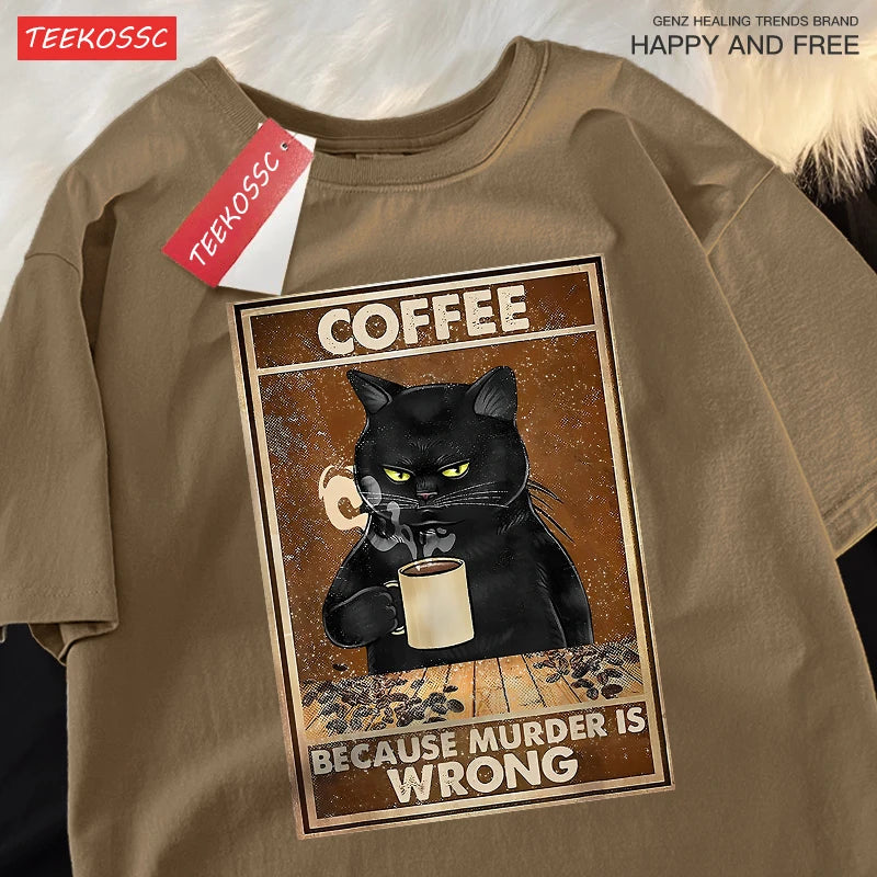 Camiseta Oversize “Because Murder Is Wrong” – T-shirt Black Cat, Algodón Transpirable, Streetwear Unisex, Manga Corta