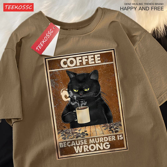 Camiseta Oversize “Because Murder Is Wrong” – T-shirt Black Cat, Algodón Transpirable, Streetwear Unisex, Manga Corta