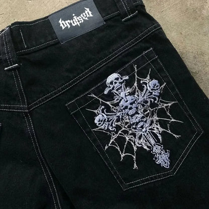 Jeans Oversize Hombre Y2K Gótico Rock | Pantalones Anchos Estampado Calavera Skeleton Streetwear Hip Hop Harajuku