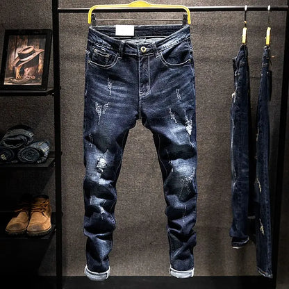 Jeans Hombre High Street | Pantalón Slim Fit Ripped Recto Elástico Streetwear Todo el Año 2025