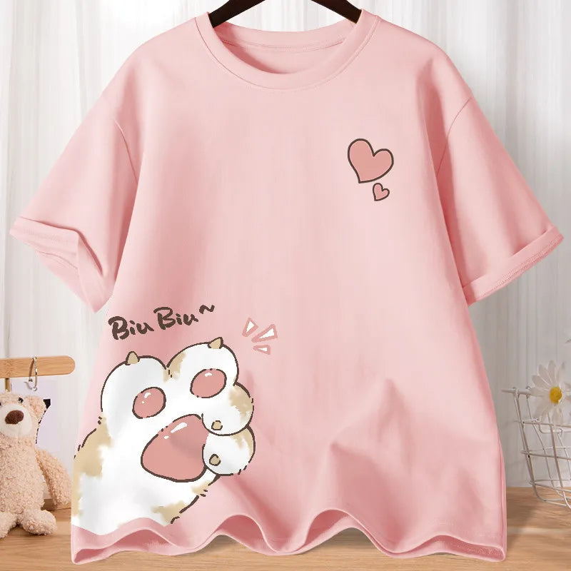 Camiseta Oversize Mujer Verano | Estampado Gatito Huella Amor Manga Media Casual