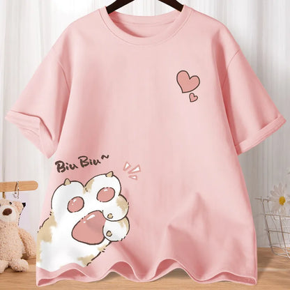 Camiseta Oversize Mujer Verano | Estampado Gatito Huella Amor Manga Media Casual