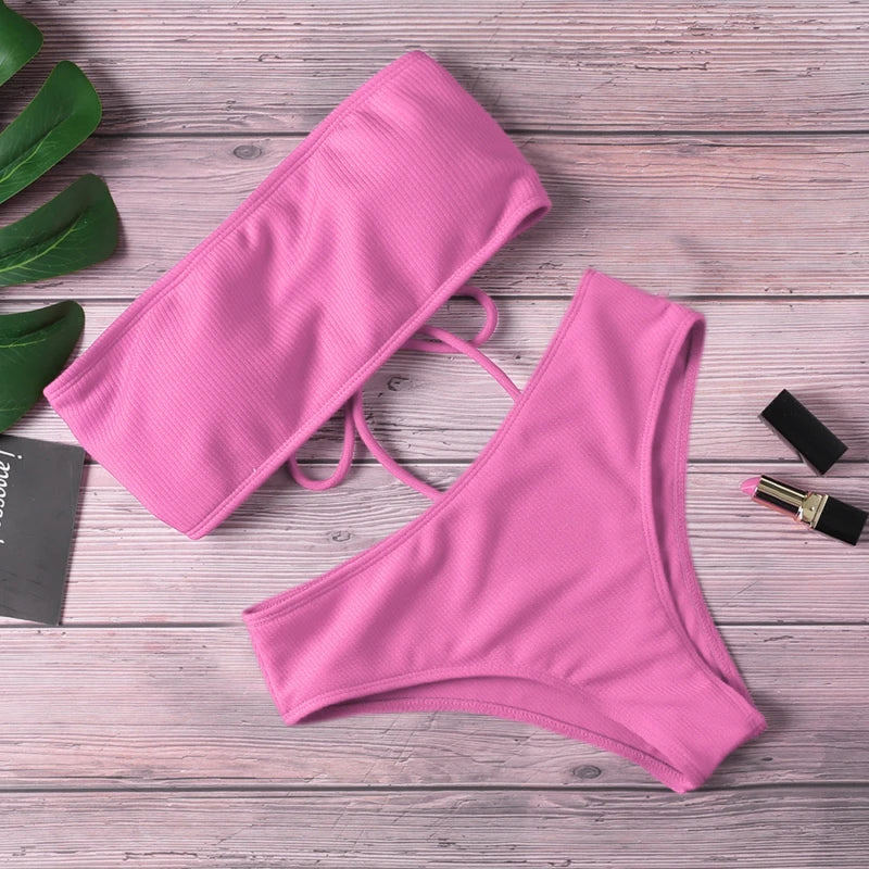 Bikini Mujer 2025 | Strapless Padded Alta Cintura Color Sólido