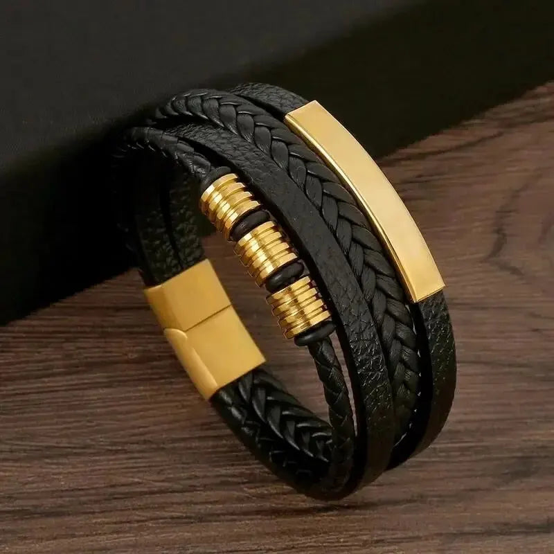 Pulsera de Cuero PU Multicapa para Hombre – Cierre Magnético con Tubo Metálico Dorado, Joyería Hip Hop de Moda Masculina