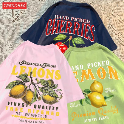 Camiseta Oversize Mujer Verano | Algodón Estampado Limones y Cerezas Casual