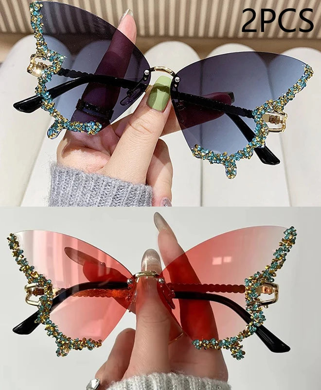 Gafas de Sol Mariposa Diamante Mujer | Vintage Y2K Oversized Rimless Eyewear de Lujo