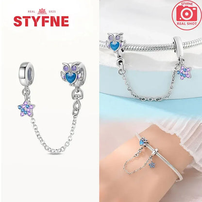 Charm Gato con Corazón de Plata 925 | Cadena de Seguridad para Pulseras Pandora Mujer
