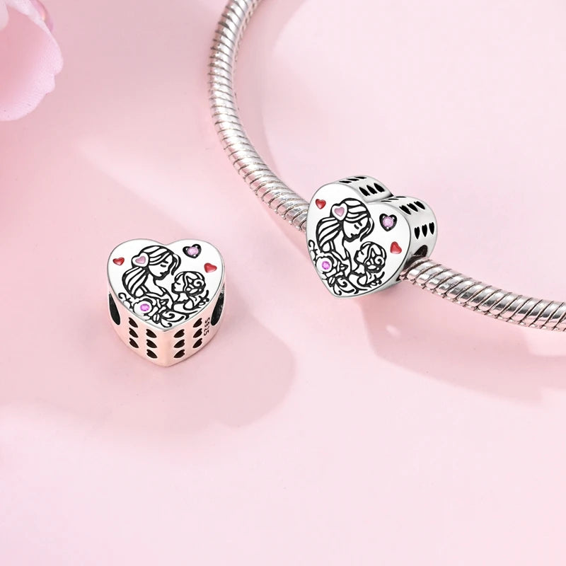 Charm Plata 925 Día de la Madre | Dije Corazón Rosa Love Mom Compatible Pandora Pulsera Collar Mujer