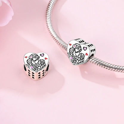 Charm Plata 925 Día de la Madre | Dije Corazón Rosa Love Mom Compatible Pandora Pulsera Collar Mujer