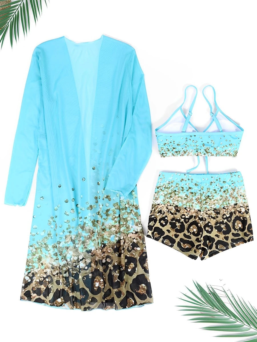 Bikini Mujer 2025 | 3 Piezas Alta Cintura Estampado con Kimono Playa