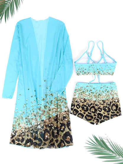 Bikini Mujer 2025 | 3 Piezas Alta Cintura Estampado con Kimono Playa