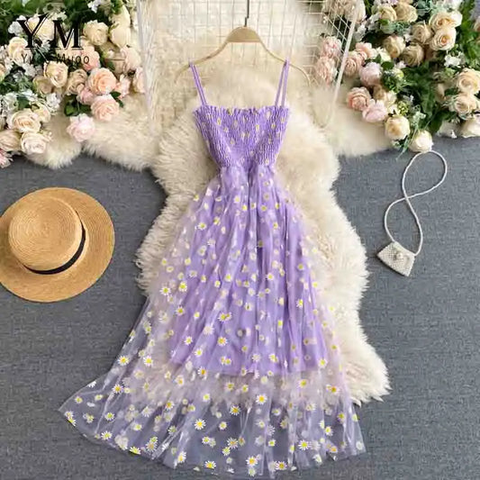 Vestido Verano Mujer Estilo Coreano | Vestido Midi Doble Capa con Tirantes y Estampado de Margaritas