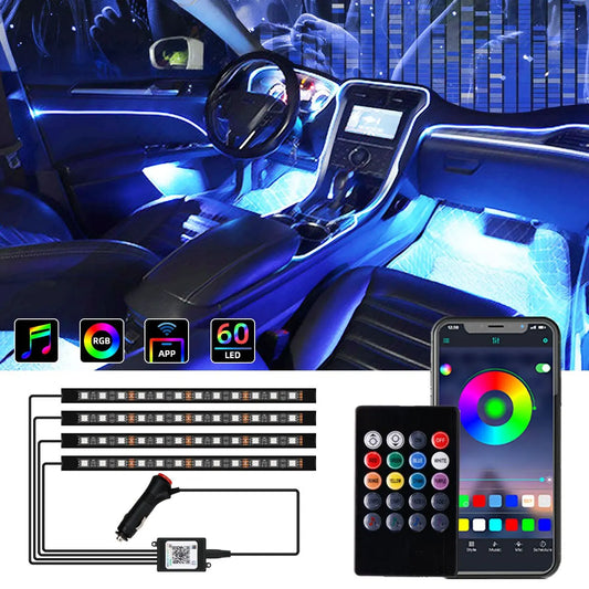 Kit de Luces LED Neón RGB para Interior de Coche | Tiras Decorativas con Control Remoto, App y Modo Música