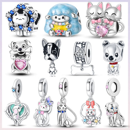 Charm Mascotas y Animales en Plata 925 – Gatito, Perrito y Oveja con Circonitas de Colores | Compatible Pulsera Pandora