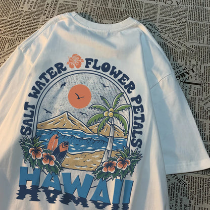 Camiseta Hawaiana Oversize Hombre Mujer | T-shirt Unisex Algodón Estilo Hip Hop Casual con Flores Tropicales Pareja