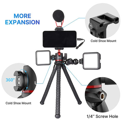 VIJIM Ulanzi MT-33 | Trípode Flexible Octopus 2 en 1 con Soporte para Teléfono y Cámara DSLR, Zapata Fría Lateral y Rosca 1/4”