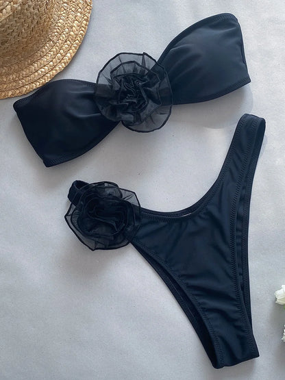 Bikini Brasileño Strapless Mujer | 3D Flores Bandeau 2 Piezas Playa