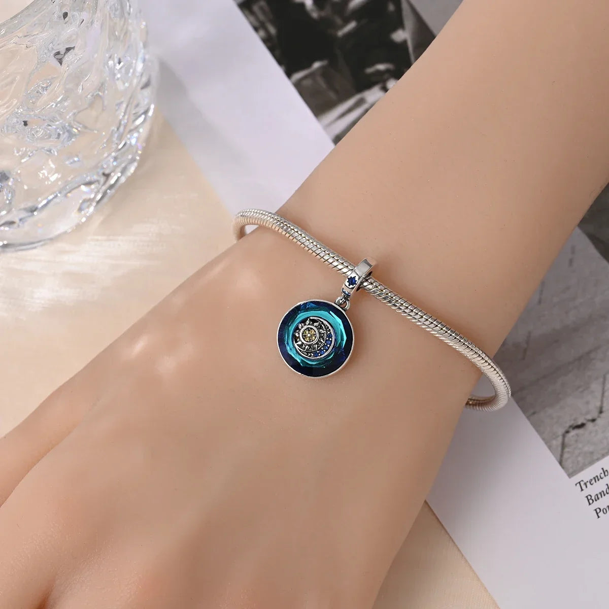 Charm Astrolabio Sol Luna Estrella Azul en Plata 925 – Beads Compatibles Pandora Mujer Joyería DIY