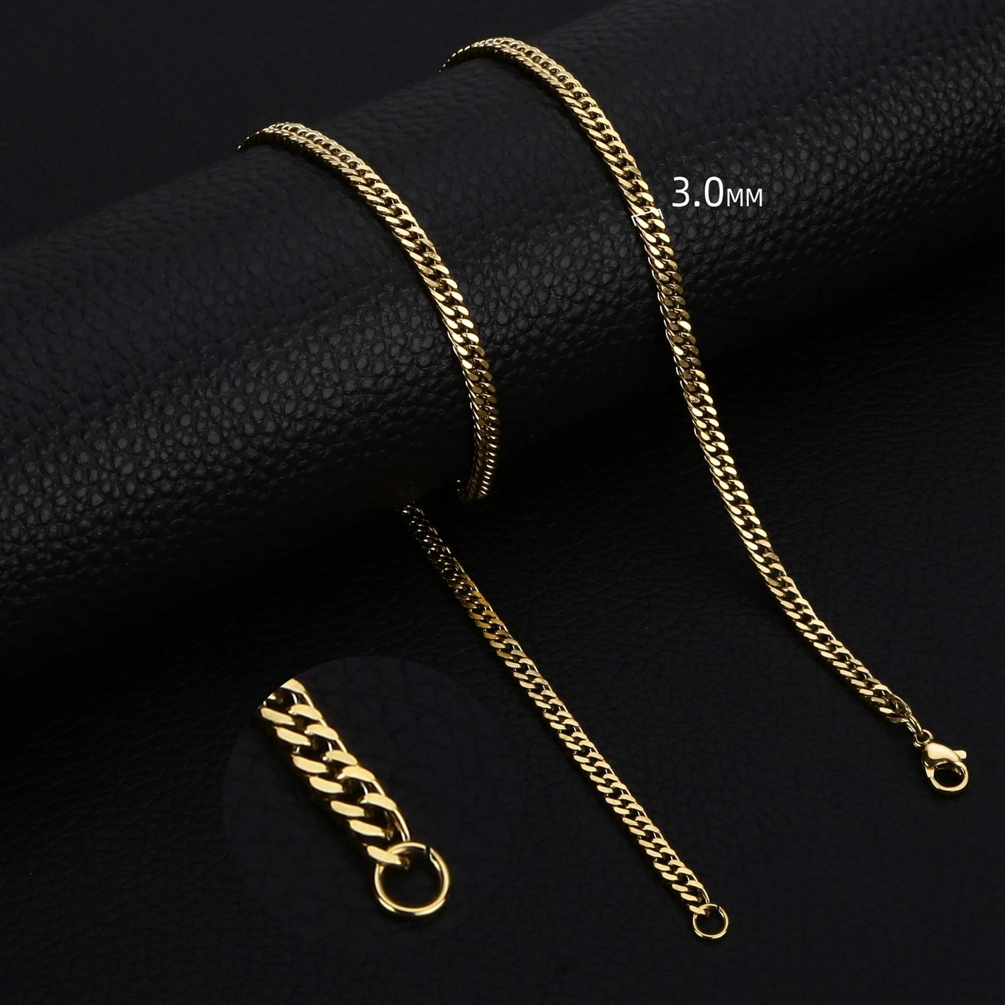 Collar Cadena Cubana de Acero Inoxidable Unisex - 3.5MM 5MM 7MM en Negro y Dorado