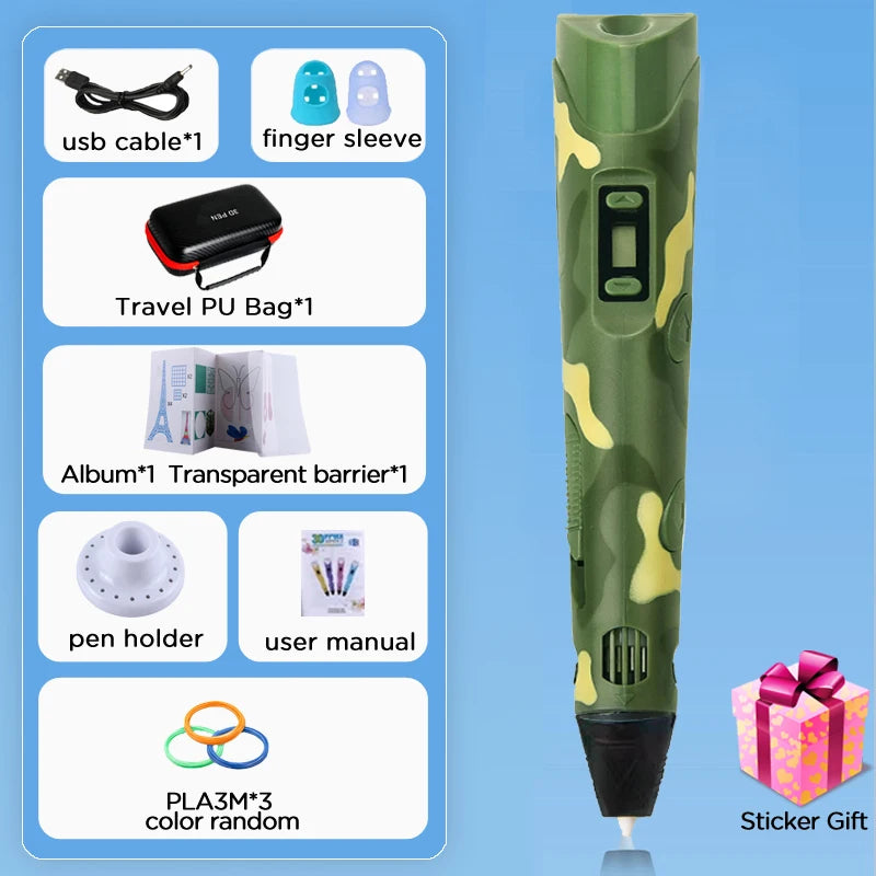 Kids 3D Printing Pen con Pantalla LCD y Stickers – Compatible con Filamento PLA, Seguro y Creativo, Regalo de Cumpleaños para Niños y Niñas