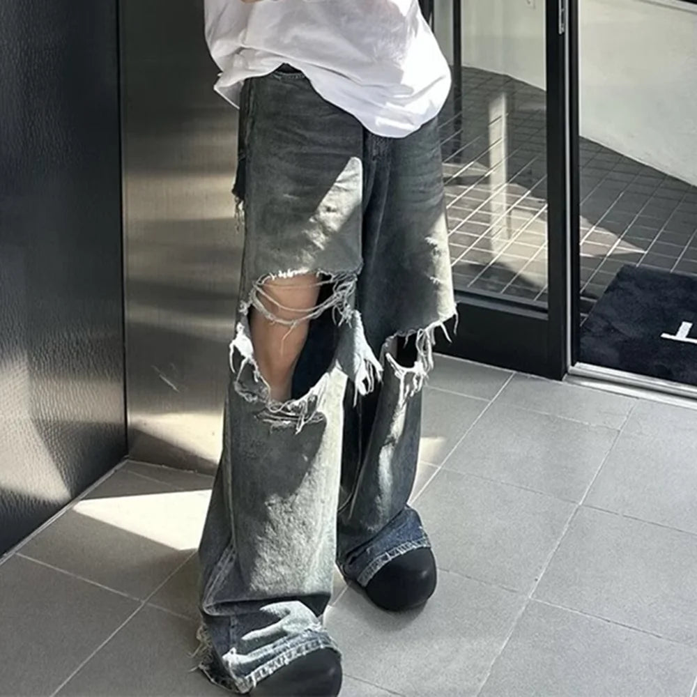 Jeans Rasgados Baggy de Pierna Ancha – Pantalones Denim Oversize Unisex con Agujeros Estilo Streetwear Casual