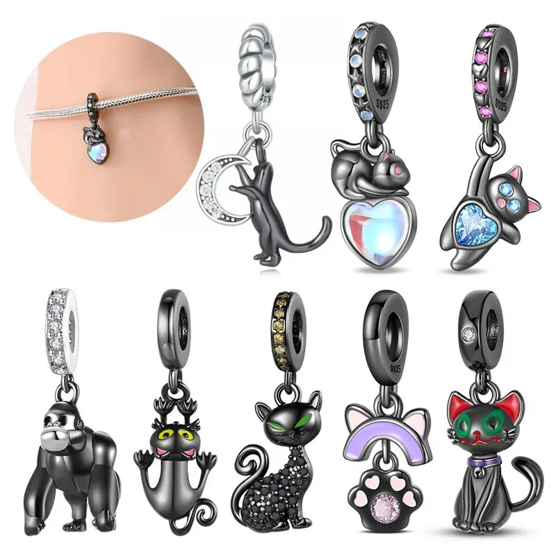 Charm gato negro de plata 925 con huella – Colgante animal para pulsera tipo Pandora, joyería DIY elegante para mujer