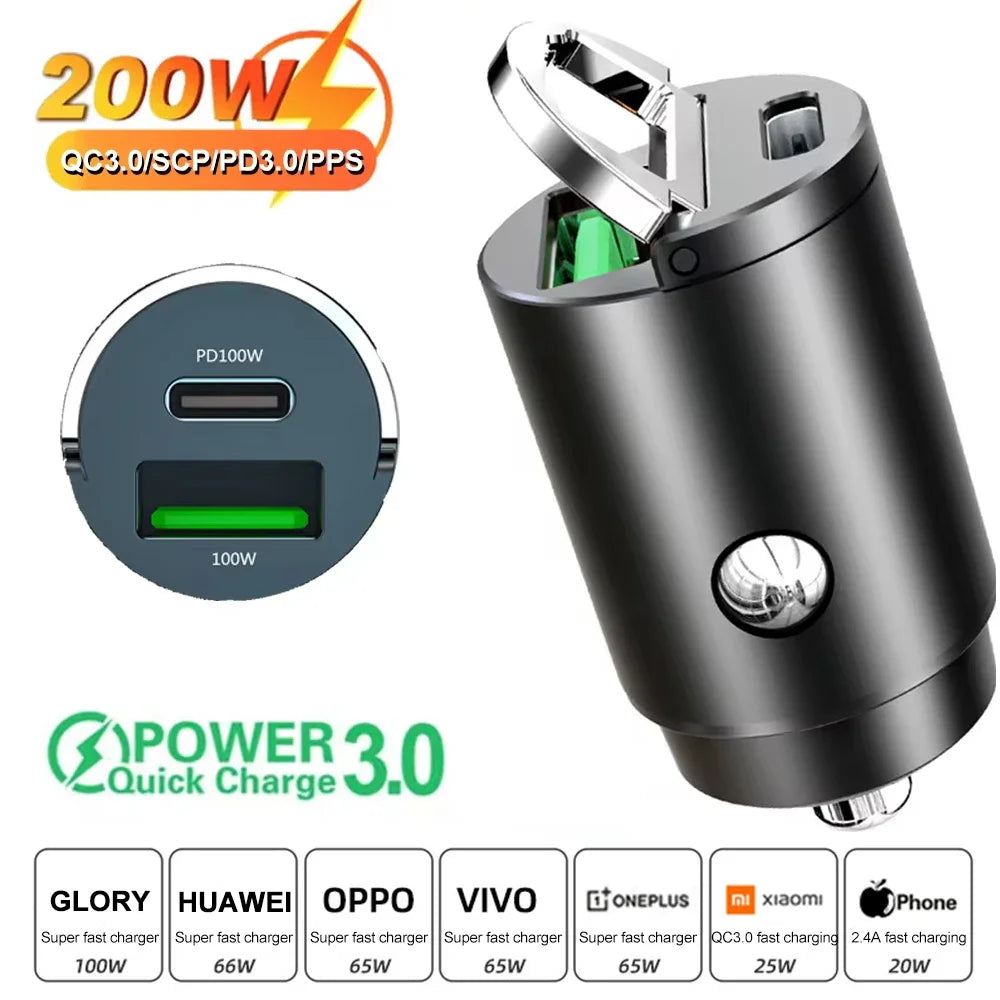 Cargador de Coche USB 200W – Carga Rápida PD QC3.0 Tipo C para iPhone, Samsung, Xiaomi, Huawei, Adaptador USB-C Quick Charge