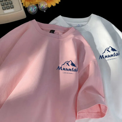 T-Shirts Pullover Oversize Tshirt Hong Kong Style Mountain Peak Letters Print T-shirts Oversized Half Sleeves Youth Tees