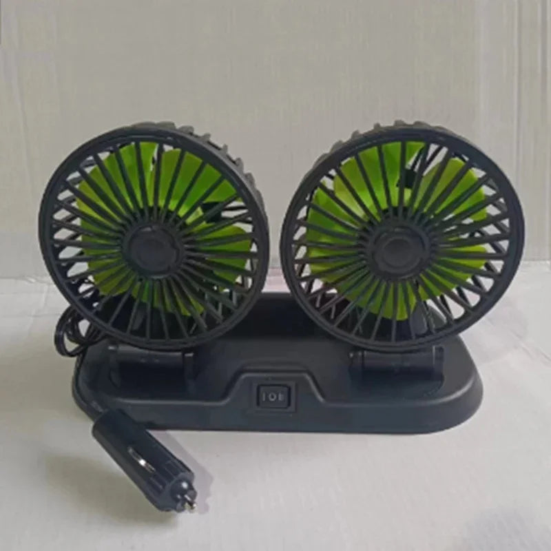 Ventilador de Coche Multi-Voltaje | Doble Cabezal USB Enfriador | 2 Velocidades Ajustables | Compatible 5V/12V/24V | Ventilación Automática