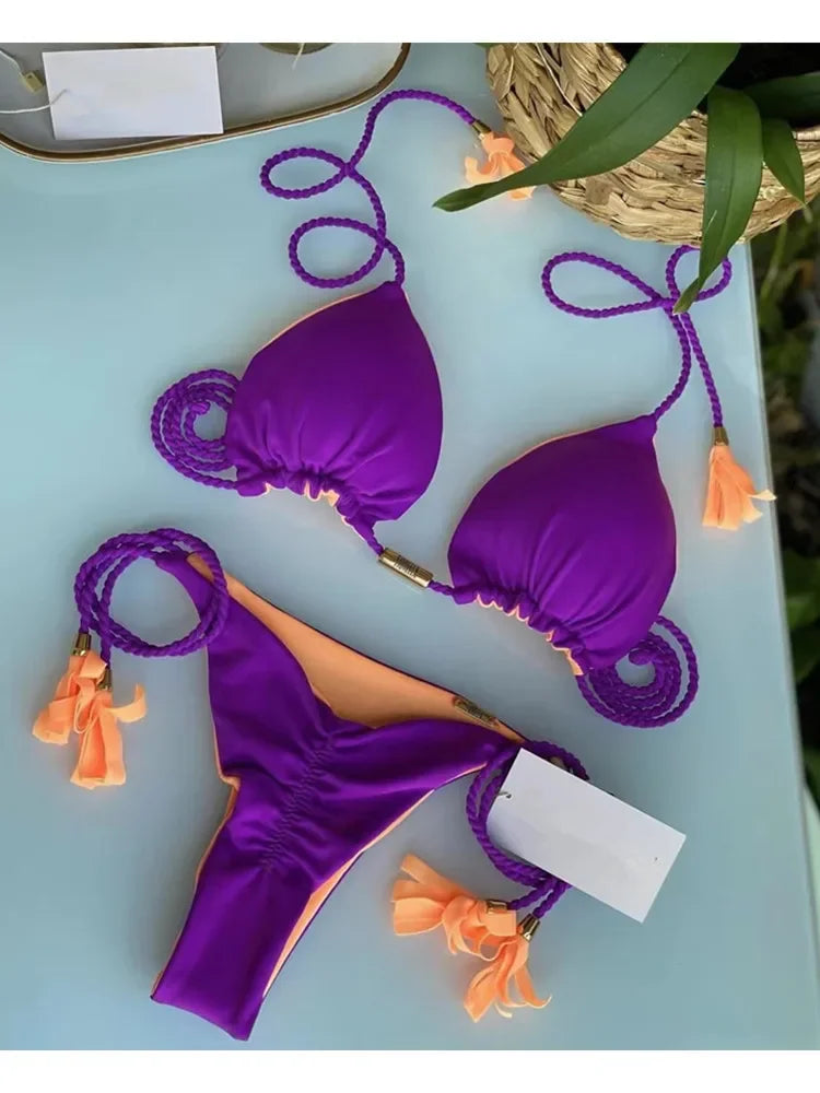 Bikini Mujer 2025 | Triángulo Multicolor Sin Espalda con Cordón
