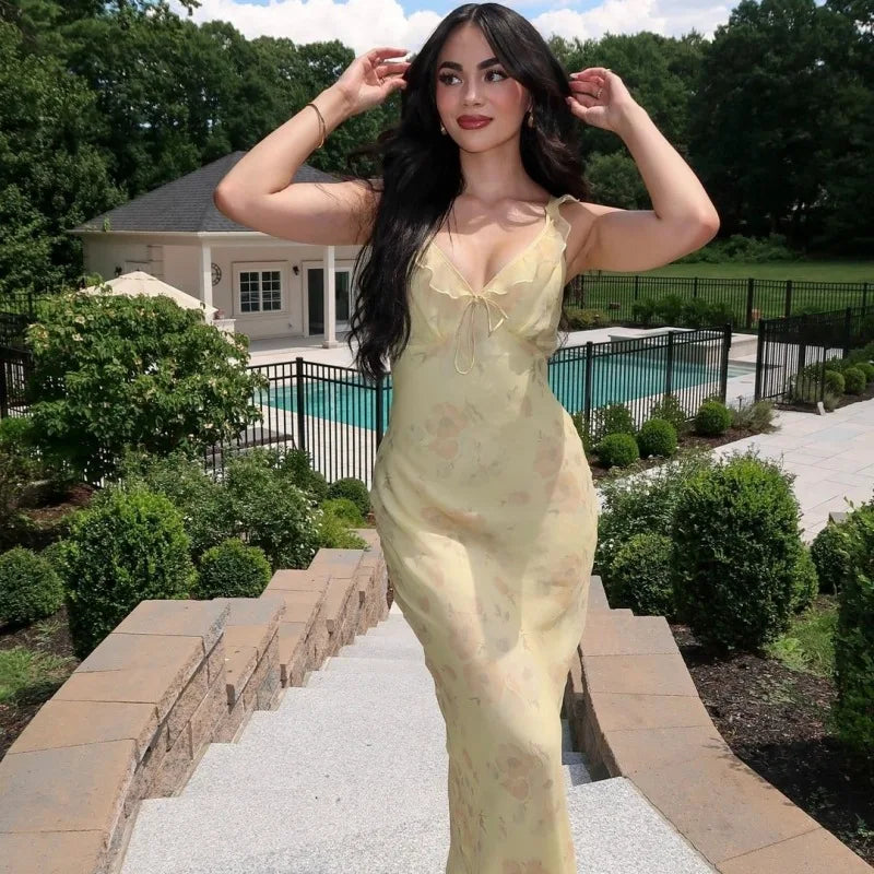 Vestido Largo Floral Mujer | Maxi Dress Sexy Escote Profundo y Espalda Abierta Estilo Coquette
