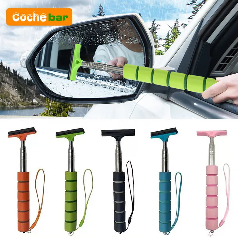 Herramienta Limpiaparabrisas de Espejo Retrovisor de Coche – Limpiador de Vidrio Antivaho, Rascador con Mango Telescópico, Cepillo de Limpieza para Ventanas