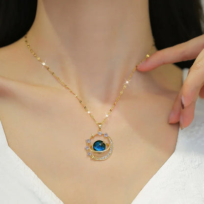 Collar Cielo Estrellado con Planeta y Luna – Cadena Clavicular de Acero Inoxidable de Lujo
