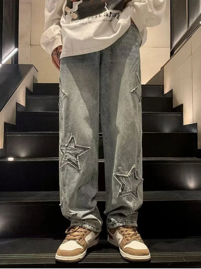 Jeans Hombre Bordado Estrella | Pantalones Rectos Anchos Hip Hop Streetwear Y2K Juvenil Unisex