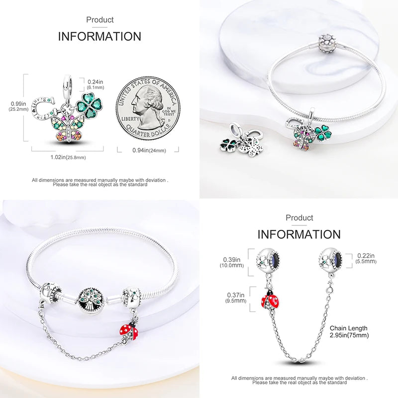 Charm de Plata S925 Mariquita de Siete Puntos y Trébol de la Suerte – Abalorio Colorido y Brillante para Pulseras Originales