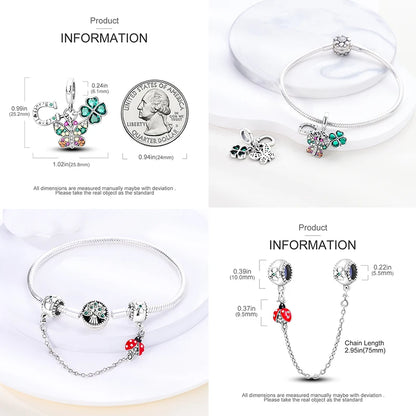 Charm de Plata S925 Mariquita de Siete Puntos y Trébol de la Suerte – Abalorio Colorido y Brillante para Pulseras Originales