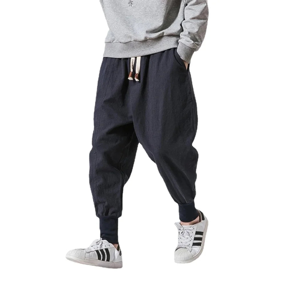 Pantalón Harem Hombre Algodón Lino | Jogger Holgado Streetwear Casual con Cintura Elástica