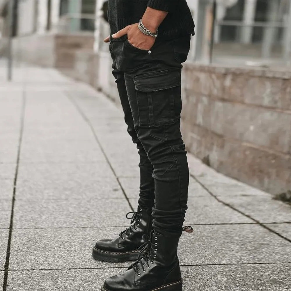 Jeans Cargo Elásticos para Hombre – Denim Lavado, Color Sólido, Múltiples Bolsillos, Casual, Slim Fit y Streetwear