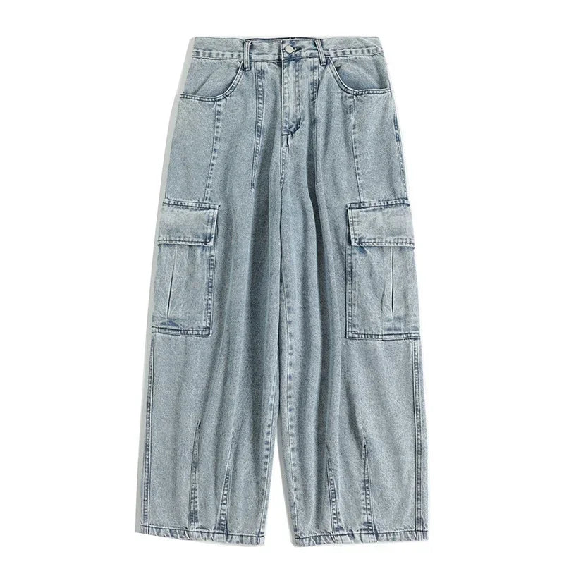 2025 Jeans Men's Oversize Cargo Korean Black Wide Pants Streetwear Hip Hop Harajuku Male Fashion Straight Denim Pants