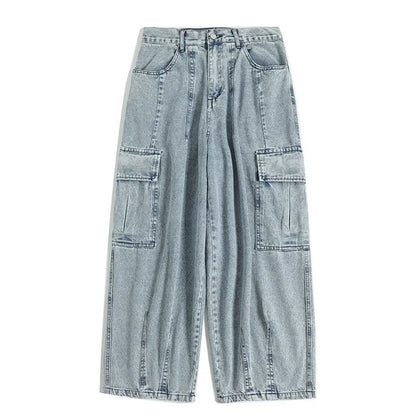 2025 Jeans Men's Oversize Cargo Korean Black Wide Pants Streetwear Hip Hop Harajuku Male Fashion Straight Denim Pants