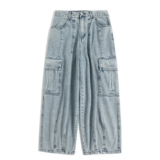 2025 Jeans Men's Oversize Cargo Korean Black Wide Pants Streetwear Hip Hop Harajuku Male Fashion Straight Denim Pants