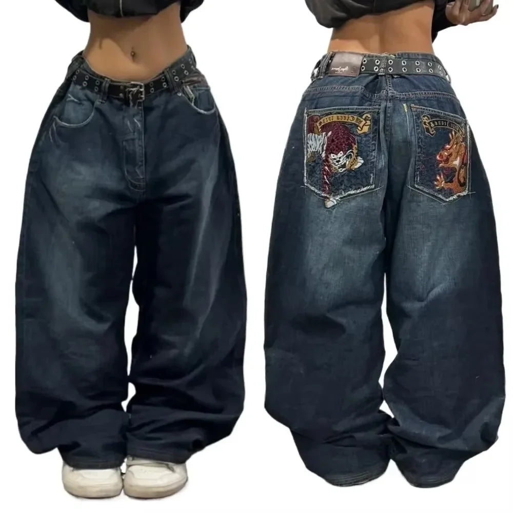 Jeans Oversize Y2K Phantom Unisex | Pantalones Baggy Estilo Hip Hop Streetwear con Parche Bordado Araña Gótico Retro