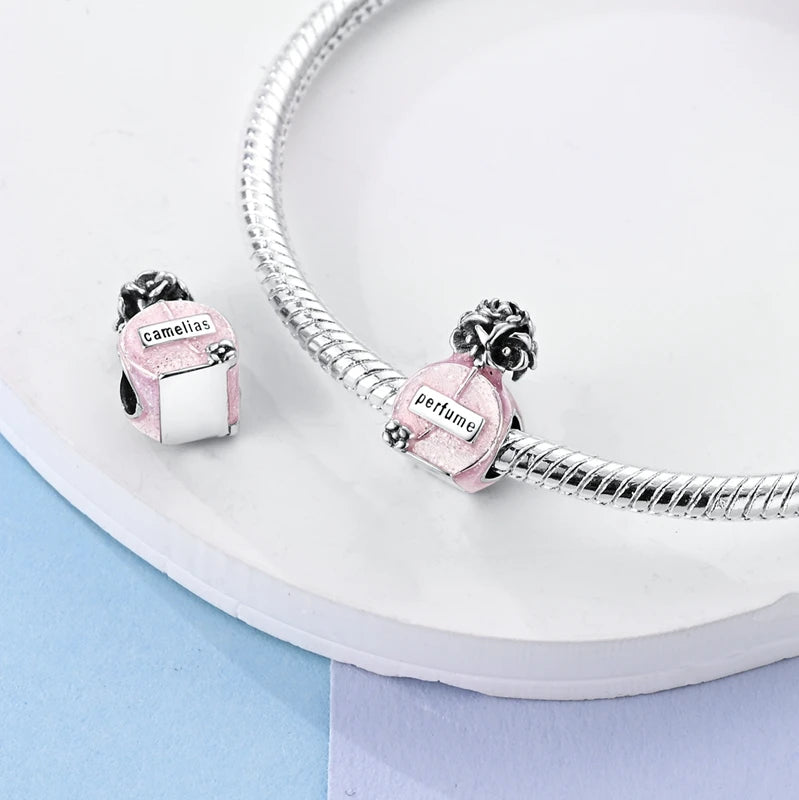 Charm Botella de Perfume en Plata 925 con Corona Rosa – Abalorio Romántico para Pulseras Tipo Qikaola, Regalo San Valentín