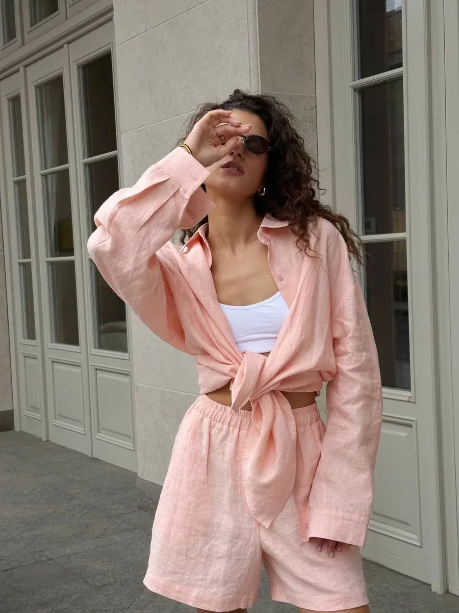 Conjunto Casual Mujer Algodón | Set Camisa Manga Larga y Pantalón con Cintura Elástica
