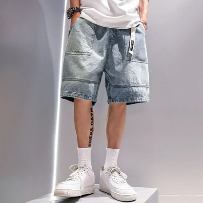 Light Blue Loose Bermuda Short Jeans Pants for Men Original Y2k Fashion Summer Popular Cut Distressed New In Xl Man Denim Shorts