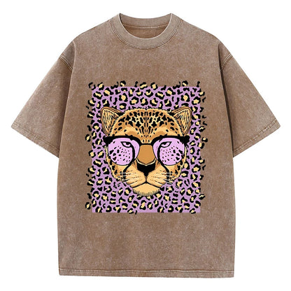 Camiseta Oversize Mujer Vintage | Algodón Lavado Ácido Estampado Leopardo Caricaturas