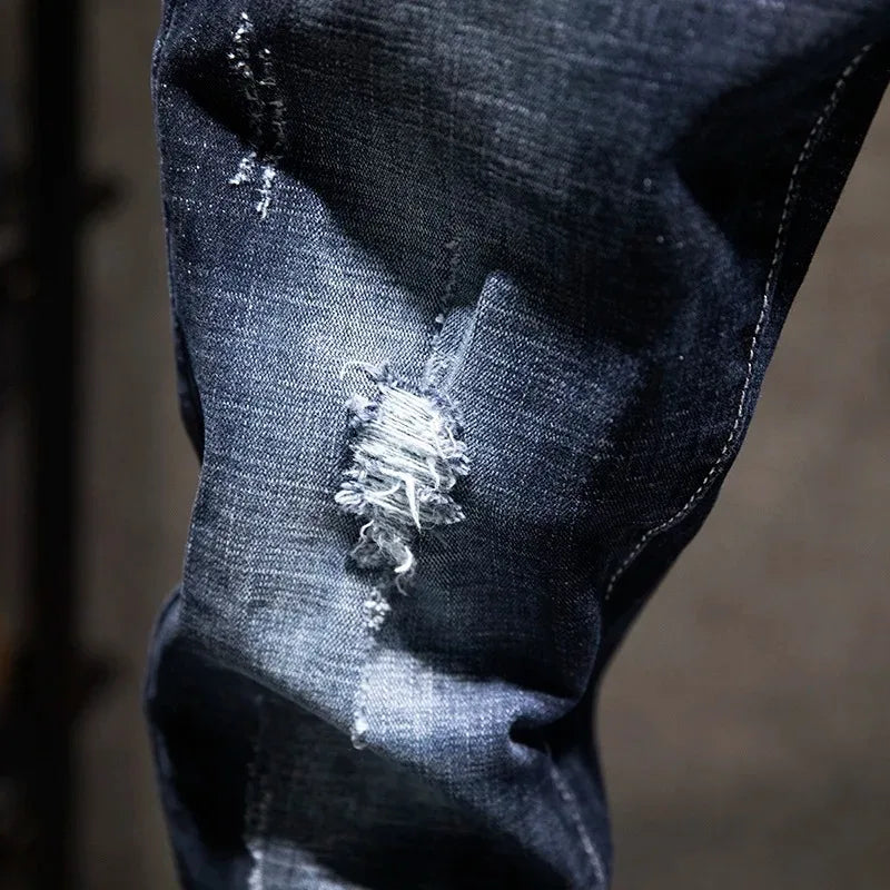 Jeans Hombre High Street | Pantalón Slim Fit Ripped Recto Elástico Streetwear Todo el Año 2025