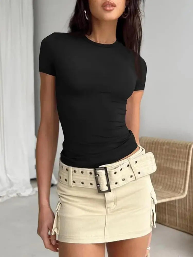 Camiseta Corta de Mujer Verano | Crop Top Básico Slim Fit con Cuello Redondo Casual Y2K